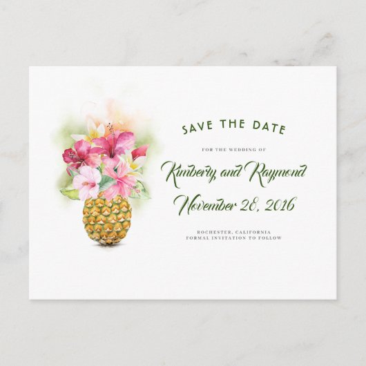 Bloemen Ananas Vaas Tropisch strand Save the Date Aankondigingskaart (Voorkant)