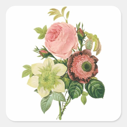 bloemen, Anemone Rozen Clematis door Redoute Vierkante Sticker (Voorkant)