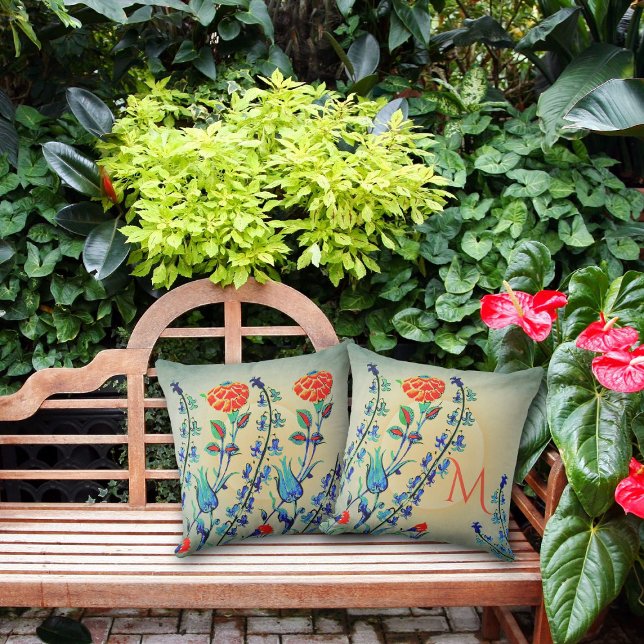  Bloemen Anjer Tulpen Monogrammed Buitenkussen (Creator heeft geüpload)