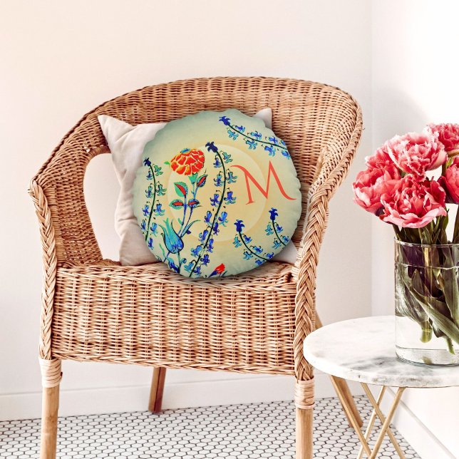  Bloemen Anjer Tulpen Monogrammed Rond Kussen (Creator heeft geüpload)