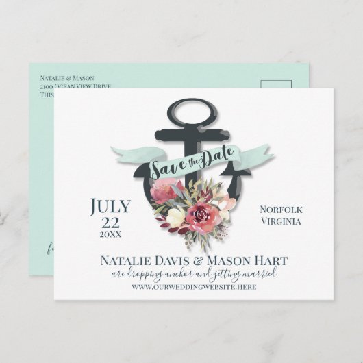 Bloemen Anker Lint Banner Nautisch Save the Date Aankondigingskaart (Voorkant / Achterkant)