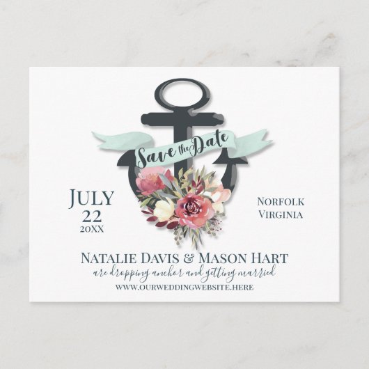 Bloemen Anker Lint Banner Nautisch Save the Date Aankondigingskaart (Voorkant)