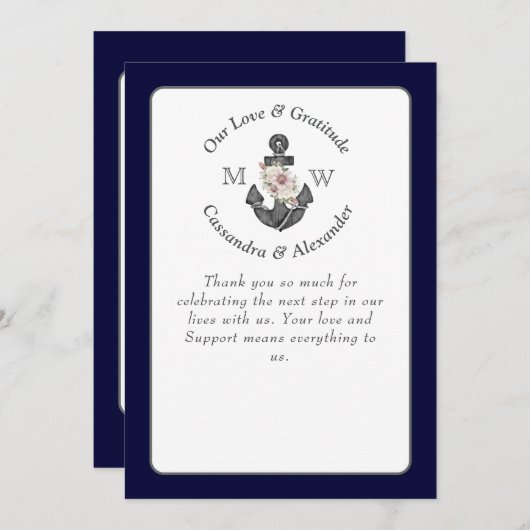 Bloemen Anker met Touw Strand Bruiloft Marine Blau Bedankkaart (Voorkant / Achterkant)