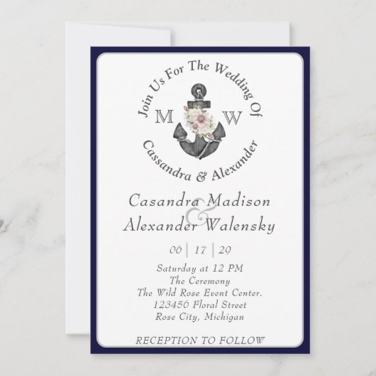 Bloemen Anker met Touw Strand Bruiloft Marine Blau Kaart (Voorkant)