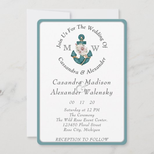 Bloemen Anker Nautische Bruiloft Blauwgroen Aqua B Kaart (Voorkant)
