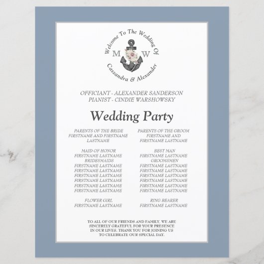 Bloemen Anker Nautische Bruiloft Dusty Blue Progra (Achterkant)
