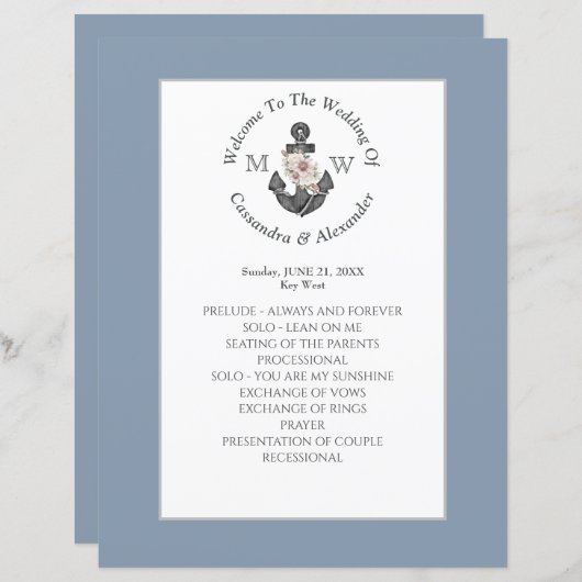 Bloemen Anker Nautische Bruiloft Dusty Blue Progra (Voorkant / Achterkant)