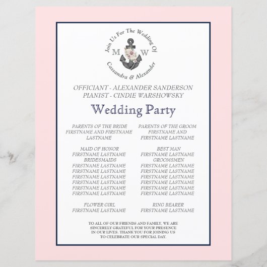 Bloemen Anker Nautische Bruiloft Roze Marine Blauw (Achterkant)