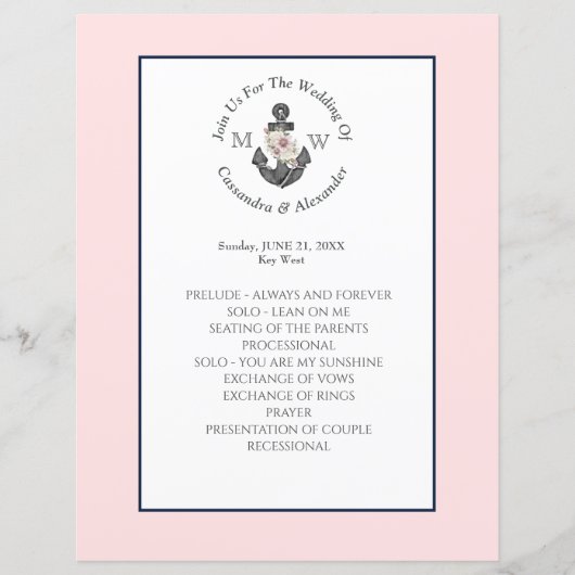 Bloemen Anker Nautische Bruiloft Roze Marine Blauw (Voorkant)