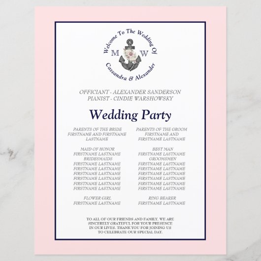 Bloemen Anker Nautische Bruiloft Roze Marine progr (Achterkant)