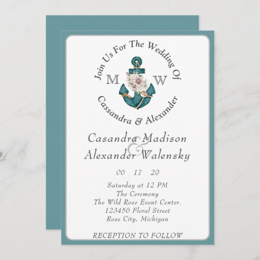 Bloemen Anker Rope Beach Bruiloft Blauwgroen Aqua  Kaart (Voorkant / Achterkant)