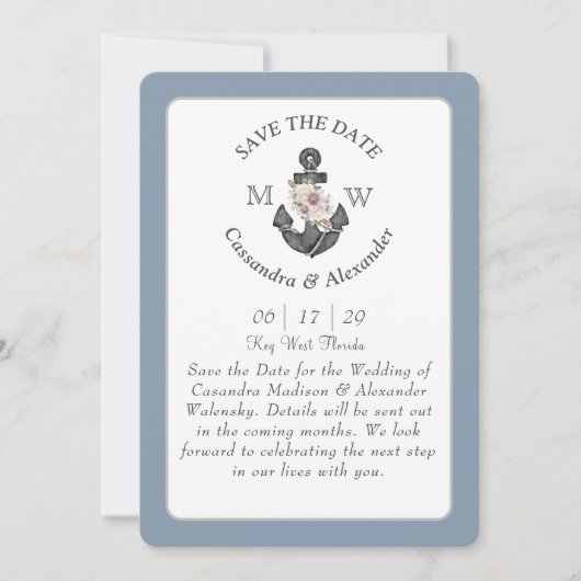 Bloemen Anker Stoffig Blauw Wit Nautische Bruiloft Kaart (Voorkant)