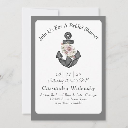 Bloemen Anker Wit Zilver Grijs Nautische Bruiloft Kaart (Voorkant)