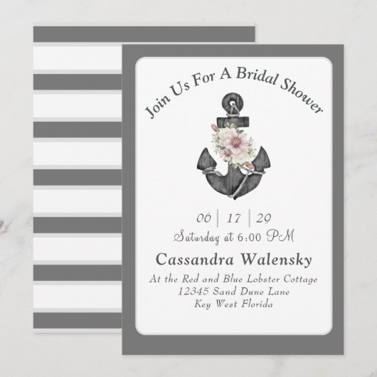 Bloemen Anker Wit Zilver Grijs Nautische Bruiloft Kaart (Voorkant / Achterkant)