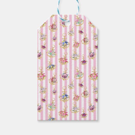 Bloemen Ankers op Pink Stripes Gift Label Cadeaulabel (Voorkant)