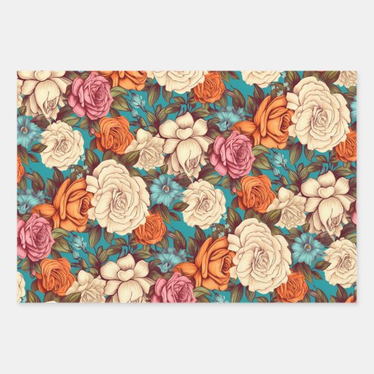  Bloemen Antiek Sinaasappel Blauw Roze Bloemen Inpakpapier Vel (Voorkant 2)