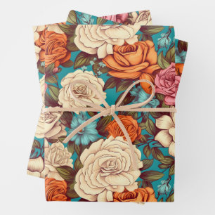  Bloemen Antiek Sinaasappel Blauw Roze Bloemen Inpakpapier Vel