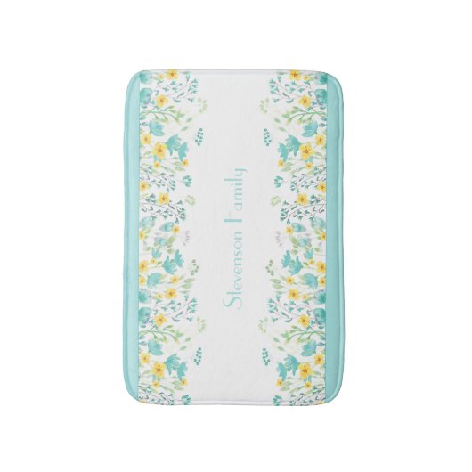 Bloemen Aqua Blauw Geel Wildbloemen Familienaam Badmat (Voorkant Verticaal)