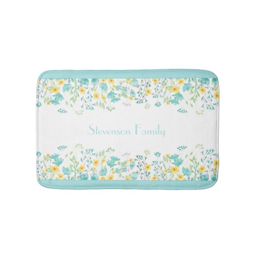 Bloemen Aqua Blauw Geel Wildbloemen Familienaam Badmat (Voorkant)
