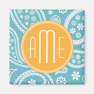 Bloemen Aqua Blauw Paisley Patroon & Geel Monogram Magneet