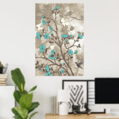  bloemen aqua taupe floral grunge douane poster (Thuiskantoor)