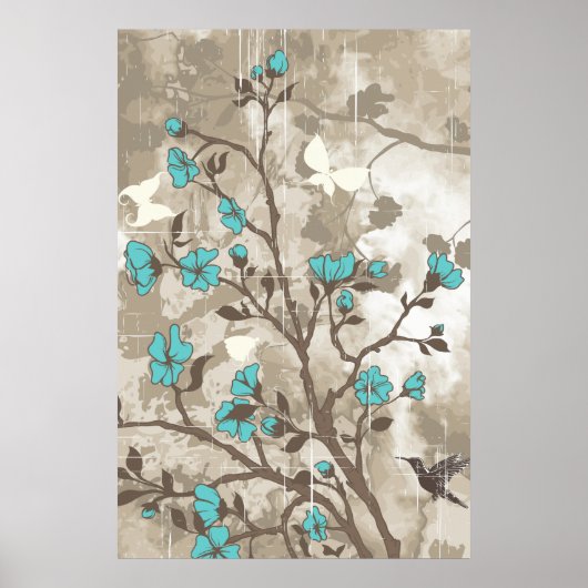  bloemen aqua taupe floral grunge douane poster (Voorkant)