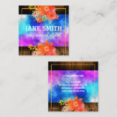 Bloemen Aquarel Boeket Gouden Rand Rustiek Hout Vierkante Visitekaartje (Voorkant / Achterkant)