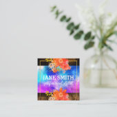 Bloemen Aquarel Boeket Gouden Rand Rustiek Hout Vierkante Visitekaartje (Staand voorkant)