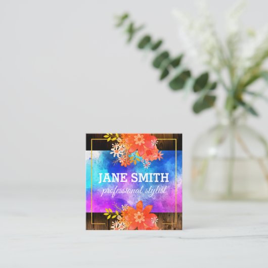 Bloemen Aquarel Boeket Gouden Rand Rustiek Hout Vierkante Visitekaartje (Staand voorkant)