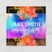 Bloemen Aquarel Boeket Gouden Rand Rustiek Hout Vierkante Visitekaartje (Voorkant)