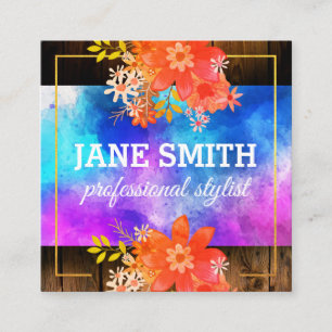 Bloemen Aquarel Boeket Gouden Rand Rustiek Hout Vierkante Visitekaartje