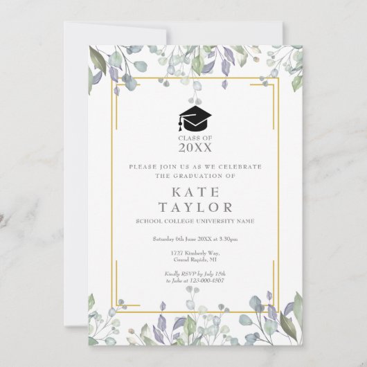 Bloemen Aquarel Groene Foto Afstudeerfeest Kaart (Voorkant)