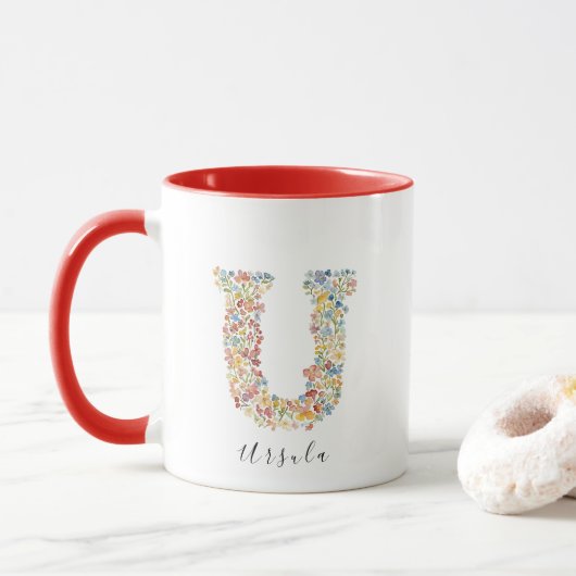Bloemen Aquarel Letter U Monogram & Aangepaste Naa Mok (Met donut)