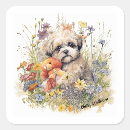 Bloemen aquarel Shih Tzu knuffelen een teddybeer Vierkante Sticker (Voorkant)