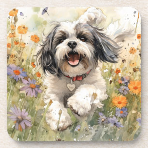 Bloemen Aquarel Shih Tzu loopt door bloem Bier Onderzetter