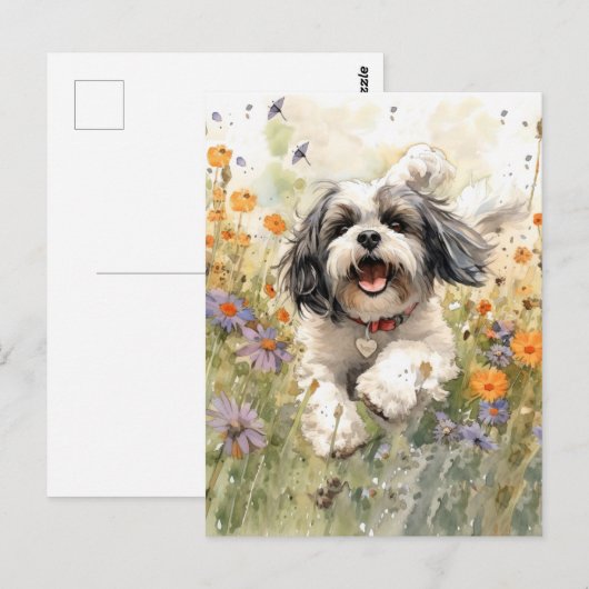 Bloemen Aquarel Shih Tzu loopt door bloem Briefkaart (Voorkant / Achterkant)