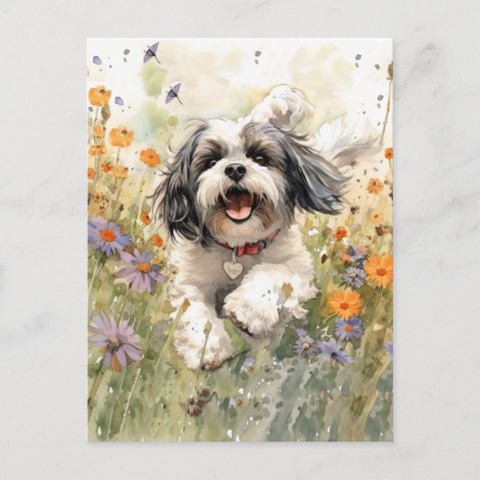 Bloemen Aquarel Shih Tzu loopt door bloem Briefkaart (Voorkant)
