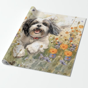 Bloemen Aquarel Shih Tzu loopt door bloem Cadeaupapier