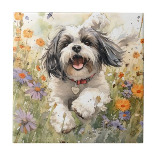 Bloemen Aquarel Shih Tzu loopt door bloem Tegeltje (Voorkant)