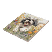 Bloemen Aquarel Shih Tzu loopt door bloem Tegeltje (Zijkant)