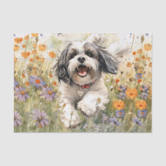 Bloemen Aquarel Shih Tzu loopt door bloem Tissuepapier