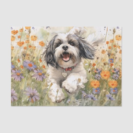 Bloemen Aquarel Shih Tzu loopt door bloem Tissuepapier (Voorkant)