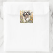 Bloemen Aquarel Shih Tzu loopt door bloem Vierkante Sticker (Tas)