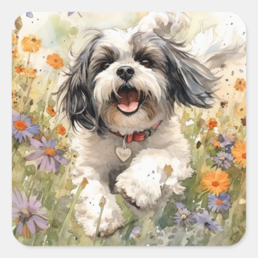 Bloemen Aquarel Shih Tzu loopt door bloem Vierkante Sticker (Voorkant)