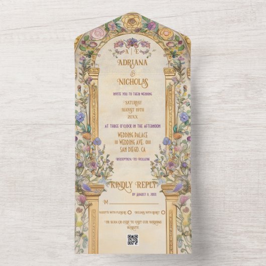  Bloemen Art Nouveau Bruiloft All In One Uitnodiging (Binnen)