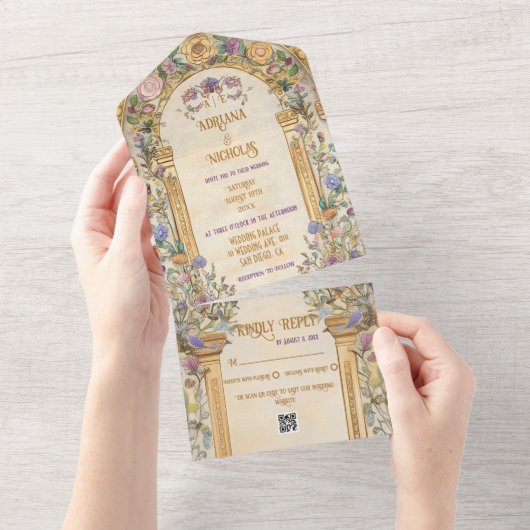  Bloemen Art Nouveau Bruiloft All In One Uitnodiging (Afscheurbaar)