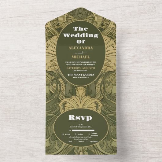  Bloemen Art Nouveau Bruiloft All In One Uitnodiging (Binnen)