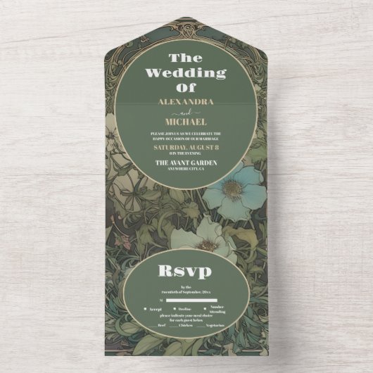  Bloemen Art Nouveau Bruiloft All In One Uitnodiging (Binnen)