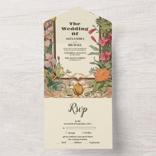  Bloemen Art Nouveau Bruiloft All In One Uitnodiging (Binnen)