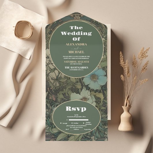 Bloemen Art Nouveau Bruiloft All In One Uitnodiging